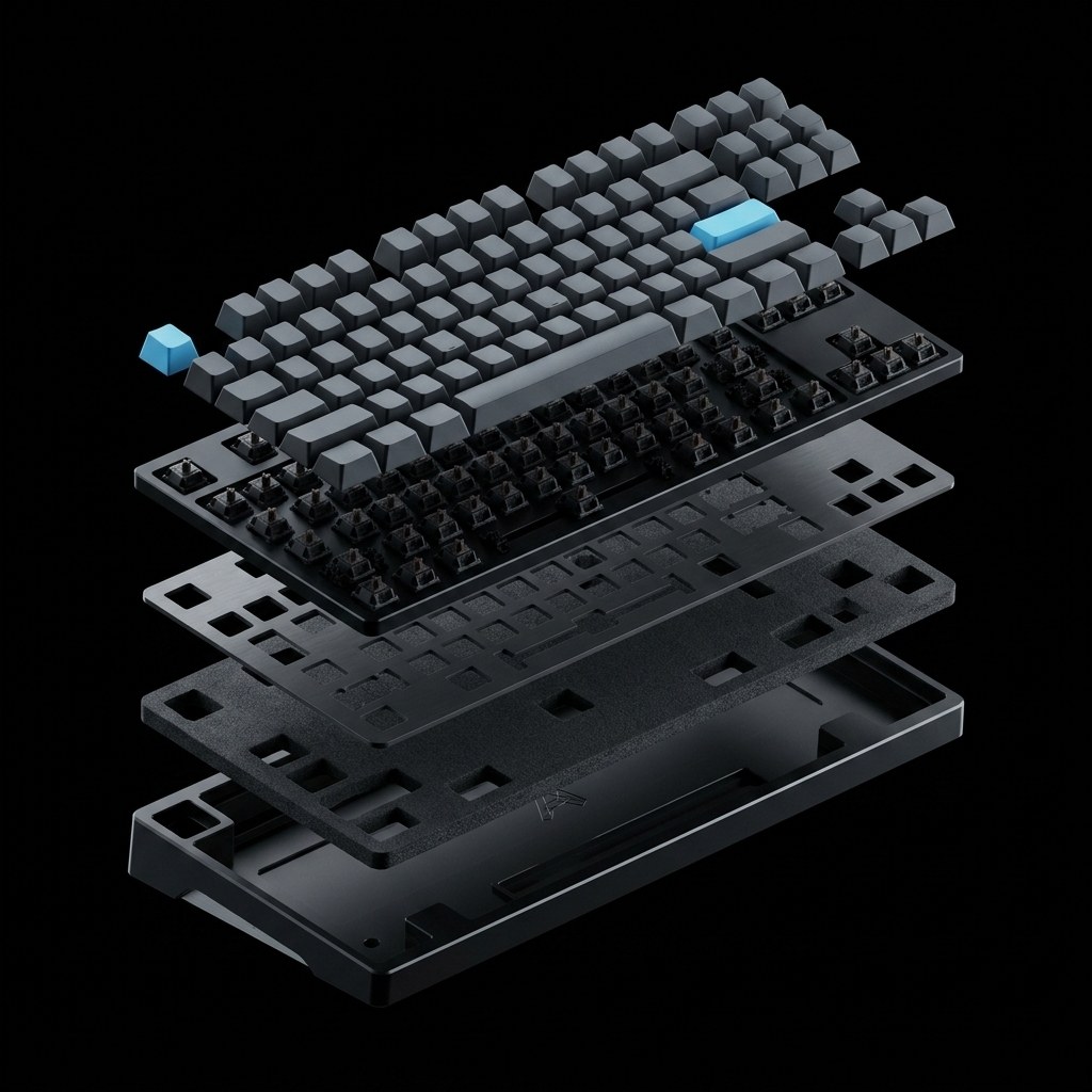 TKL-87 tastatura rastavljena na pet slojeva, izometrijski prikaz